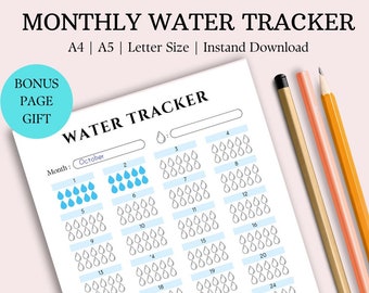 Water Tracker, Printable Monthly Water Tracker,Water, Hydration Tracker, Intake Tracker, 31 Day Water Challenge, A4/A5/Letter