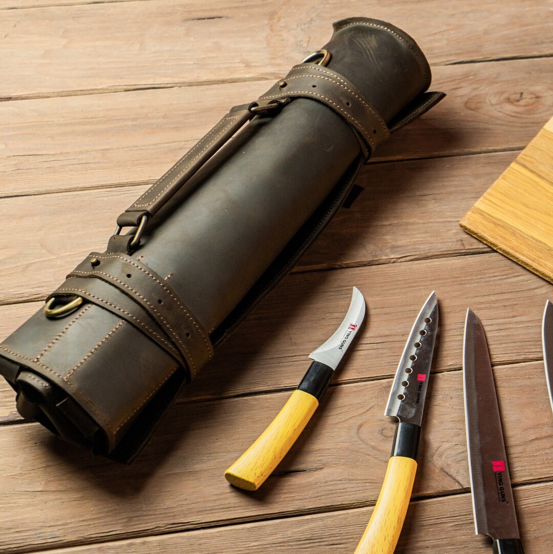 Brown Leather Knife Organizer Chef Knife Storage Roll Chef Etsy