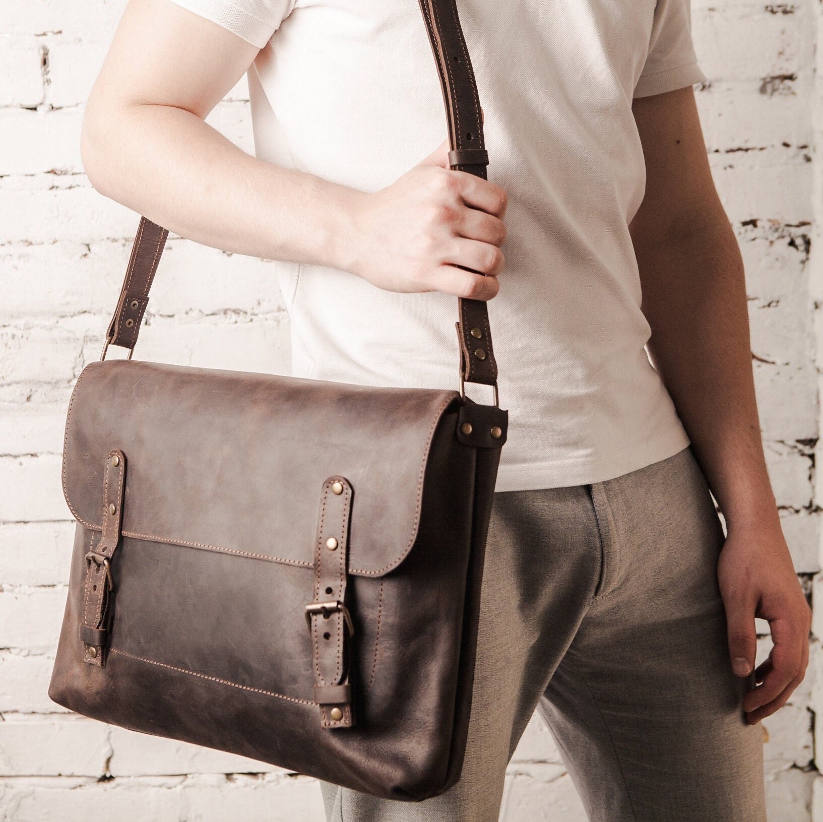 Messenger Bag Kuriertasche DIN A4 Leder Canvas grün LE3032