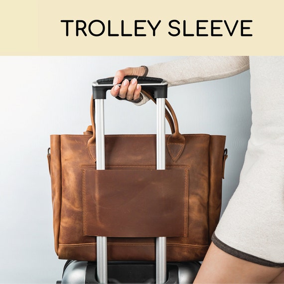 Leather Tote With Trolley Sleeve Leather Bag With Luggage 