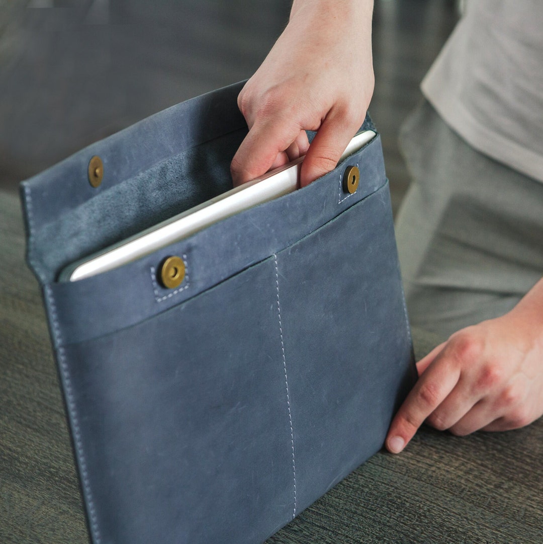 Leather Laptop Cover, Blue Laptop Bag Organizer, Leather Laptop Case