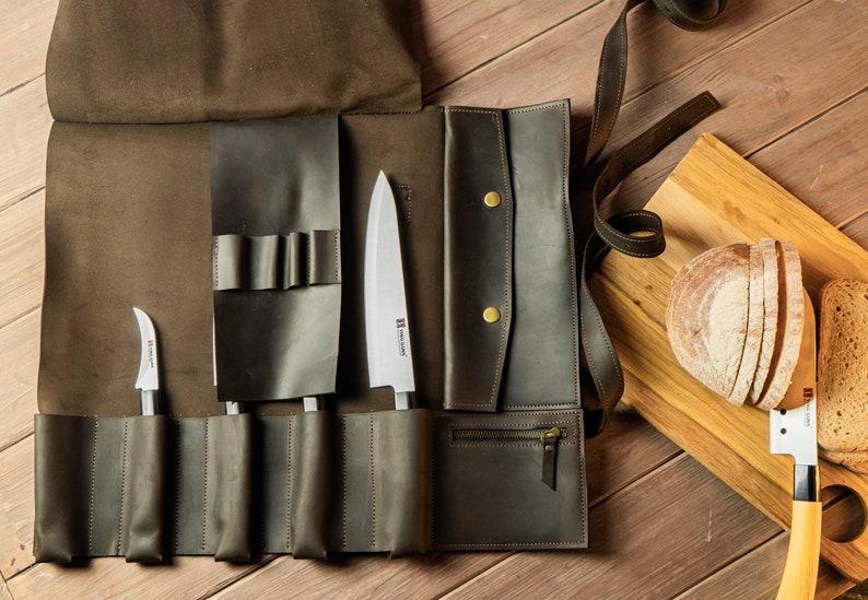 Leather Chef Knife Holder, Roll Bag Custom Color Knife Carry Case