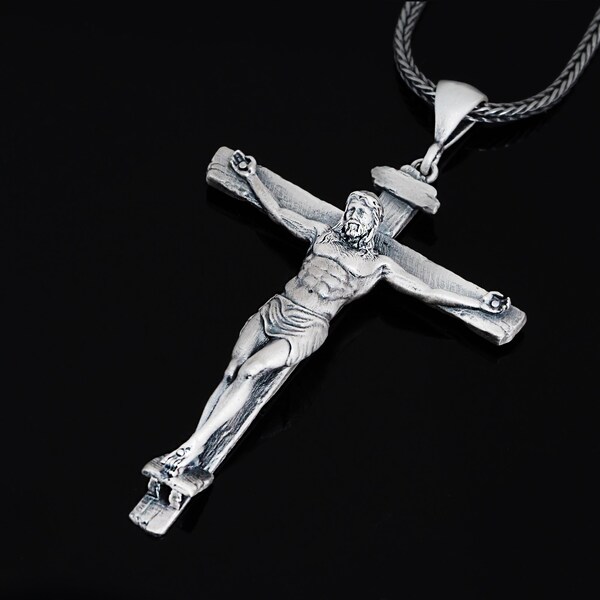 Handmade Silver Jesus Crucifix Necklace , 3D Jesus Relief Cross Savior Pendant , Jesus Cross Pendant , Religious Mens Charm , 925K Silver