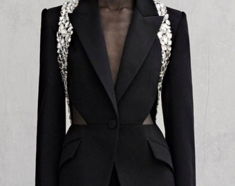 Black Pantsuit Set: Women's Crystal Embellished Blazer, Special Occasion Outfit