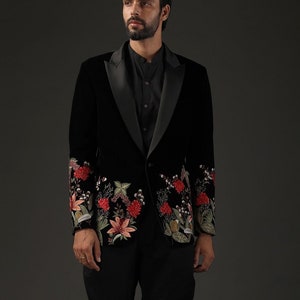 Men&#39;s Black Velvet Floral Embroidered Blazer | Designer Party & Wedding Tuxedo Jacket