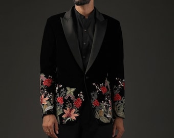 Men's Black Velvet Floral Embroidered Blazer | Designer Party & Wedding Tuxedo Jacket