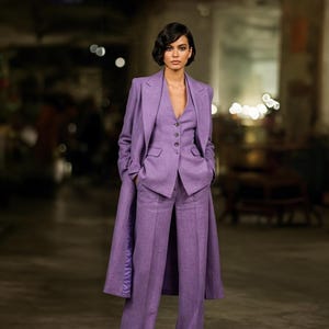 Custom Lavender Women&#39;s Suit: 3-Piece Long Coat, Vest & Trousers