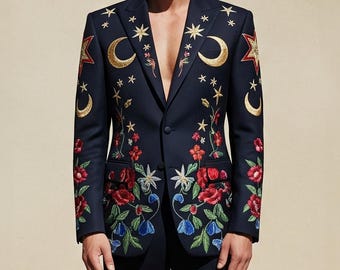 Nudie Style Embroidered Suit Men | Celestial Western Groom Outfit | Country Wedding Blazer | Moon Star Floral Suit