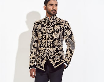 Men's Black Velvet Sherwani Jacket: Gold Floral Embroidered Formal Wear