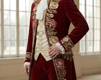 Terno masculino bordado do século XVIII | Terno de noivo personalizado em veludo rococó | Traje histórico vitoriano para casamento