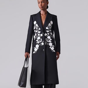 Black Embroidered Long Coat: Floral Wedding Guest Outfit