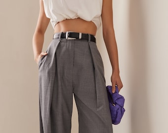 Women's Custom-made Grey Pleated Formal Semi Flair Loose Fit High Waisted Pants Office Casual Attire
