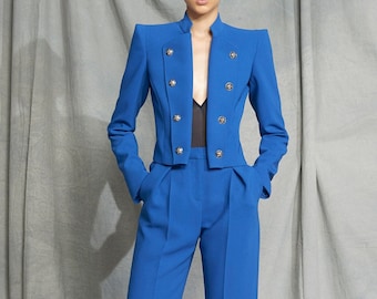 Women's Blue Custom-made 2 Piece Pant Suit Set Regular Fit Short Blazer Jacket Wedding Prom Bridesmaid Guest Formal Dinner Party Outfit