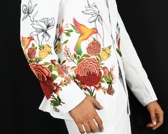 Men's White Embroidered Wedding Suit | Boho Groom Pantsuit | Floral Hand Embroidered Jacket & Trousers | Custom Made to Measure
