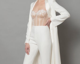 Terno de casamento branco feminino - Calças de cintura alta e conjunto de terninho de noiva para um visual nupcial elegante, traje de casamento moderno