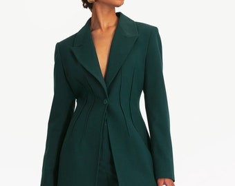 Women Green Bespoke 2 Piece Pant Suit Set Peak Lapel Front Double Pleated Blazer Wedding Prom Bridesmaid Guest Formal Dinner Party Outfit