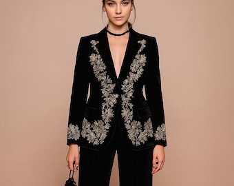 Black Velvet Embroidered Women's Suit | Zari Thread Embroidery Jacket & Flared Pants | Formal Partywear Suit