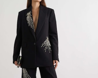 Black Beaded Blazer Pantsuit Set for Women - Pearl Embellished Formal Tuxedo Outfit - Designer Evening Wear, Luxury Beaded Suit