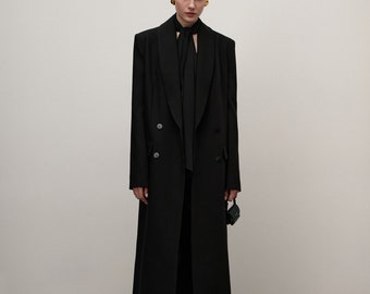 Women Custom-made Black Cotton Suiting Trench coat Shawl Lapel Formal Office Attire Jacket Prom Blazer
