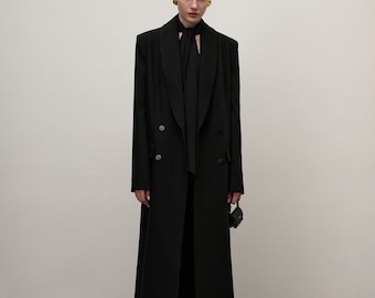 Women Custom-made Black Cotton Suiting Trench coat Shawl Lapel Formal Office Attire Jacket Prom Blazer