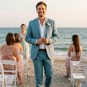 Traje de lino azul claro para hombre: traje de novio para boda en la playa, blazer y pantalones de verano ajustados.