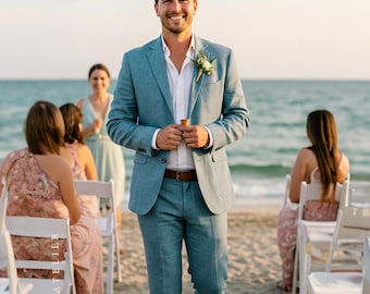Light Blue Men’s Linen Suit – Beach Wedding Groom Attire, Slim-Fit Summer Blazer & Trousers
