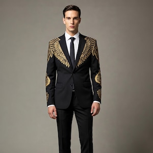 Men’s Black Suit with Gold Embroidered Wings | Angel Feather Blazer | Statement Tuxedo for Prom, Wedding, Formal & Stage Wear