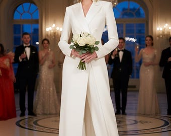 Ivory Braut Hosenanzug | Maßgeschneiderter Hochzeitsanzug für Frauen | Ausgestellte Hose mit weitem Bein & langer Blazer | Nicht traditionelle Braut | Standesamtliche Zeremonie Outfit