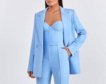 Frauen Nach-Maß Blaue Baumwolle Anzug 3 Stück Korsett Blazer Hose Anzug Set Blazer Kerbe Revers