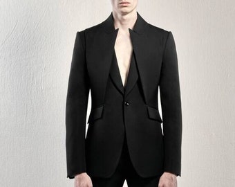 Men Custom-made Black Tailored Pant Suit Set With Double Collar Single Button Formal Blazer Prom Wedding Outfit Gift For Him