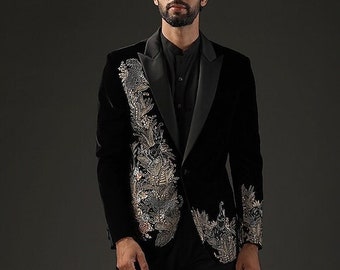Men’s Black Velvet Jungle Embroidered Blazer | Luxury Wedding & Party Tuxedo