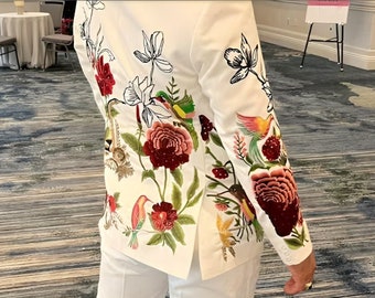 Floral Embroidered White Wedding Suit: Boho Groom Pantsuit