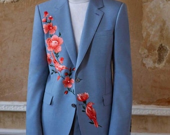 Men&#39;s Blue Floral Embroidered Suit: 2-Piece Wedding Outfit