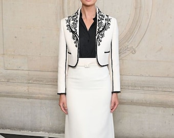 White Embroidered Blazer Skirt Set: Women's Formal Suit with Black Trim