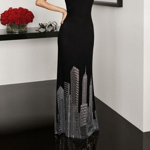 Women Custom-made Classic Black Long New York Skyscraper Embroidered Dress Prom Cocktail Dinner Date Anniversary Christmas Eve Gift For Her