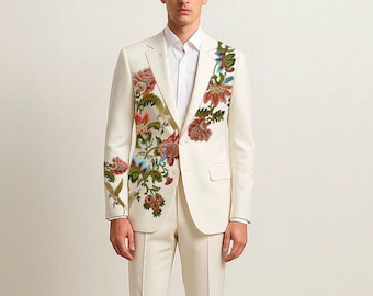 Męski kremowo-biały garnitur ślubny w stylu western z haftem kwiatowym dla pana młodego i na specjalne okazje, elegancki formalny ubiór