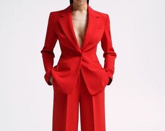 Red Two Piece Suit Women Notch Lapel Single Breasted Pant Blazer Set Wedding Prom Bridesmaid Guest Formal Office Dinner Party Outfit