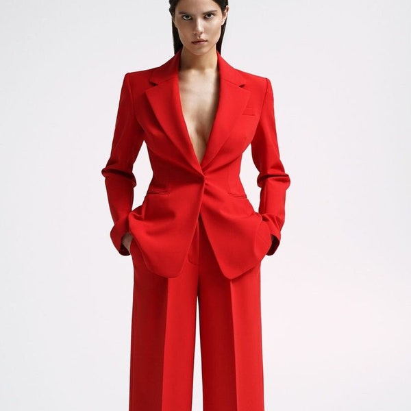 Roter Zweiteiler Frauen Kerb Revers Einreiher Hose Blazer Set Hochzeit Abschlussball Brautjungfer Gast Formelle Büro-Dinner-Party-Outfit