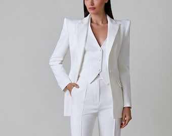Women White 3 Piece Suit Peak Lapel Pant Blazer Waistcoat Set Wedding Prom Bridesmaid Guest Formal Office Dinner Party Outfit