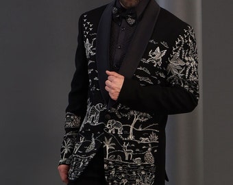 Men's Customized Black Tuxedo Blazer Jacket with Silver Detailed Embroidery for Wedding Cocktails Prom Dinner Attire