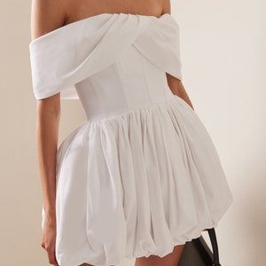 Women's Custom-made White Off-The-Shoulder Cotton-Poplin Mini Dress Corset Bodice Wedding Bridesmaid Guest Attire image 2