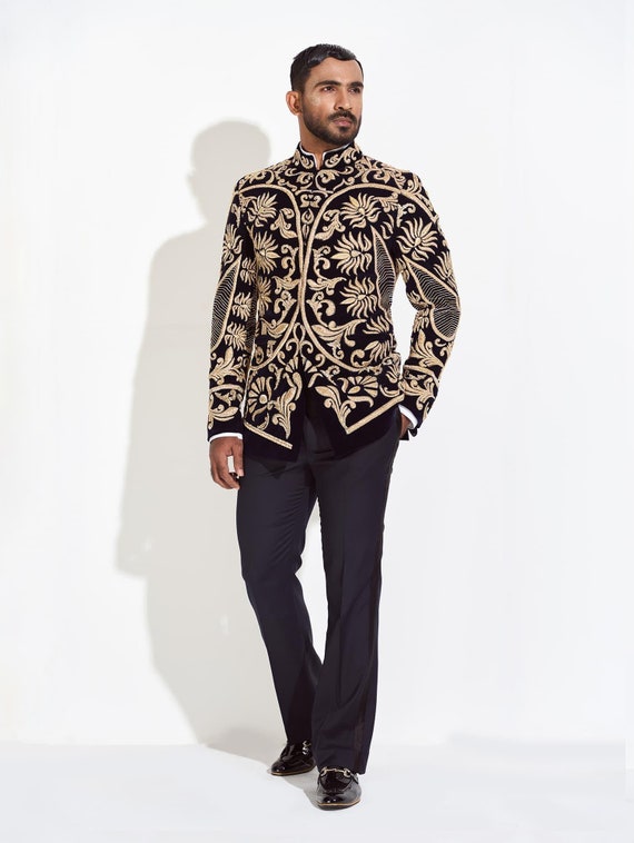 Men's Black Velvet Sherwani Jacket | Gold Floral Embroidered | Custom-Made Groom Wedding Outfit