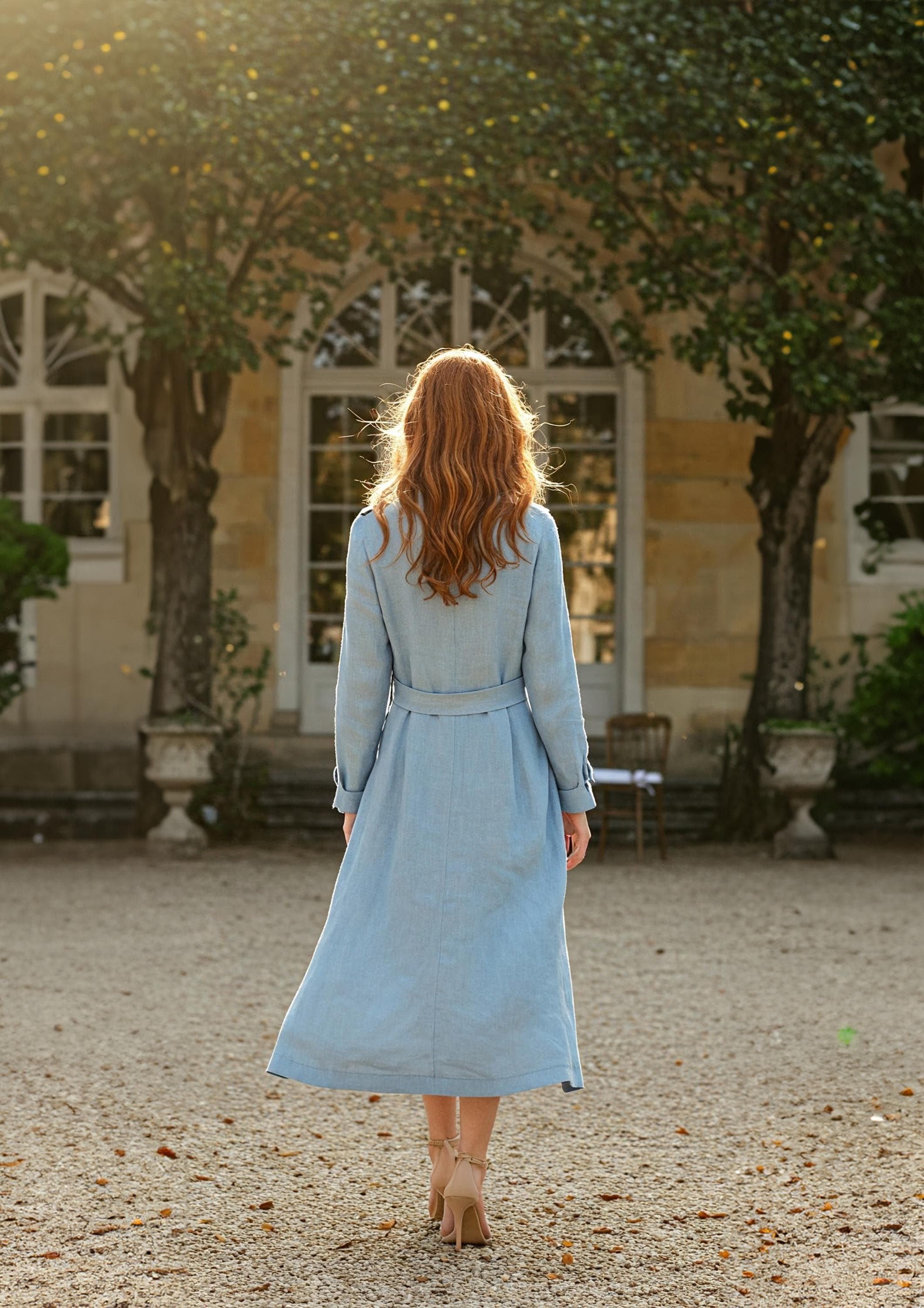 Light Blue Women's Linen Trench Coat – Long Belted Summer Duster