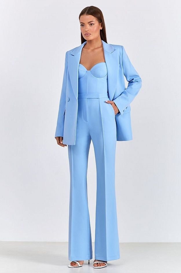 Blue Women’s Pantsuit Set—Bustier Corset Top, Oversized Blazer & Wide-Leg Trousers—Power Suit for Work, Wedding And Cocktail