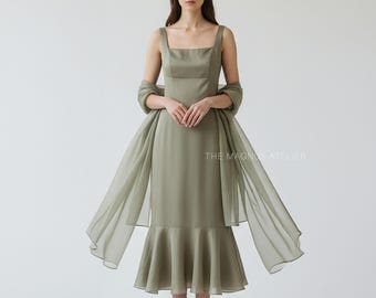 Vestido de organza de seda verde salvia: vestido midi de satén personalizado con chal