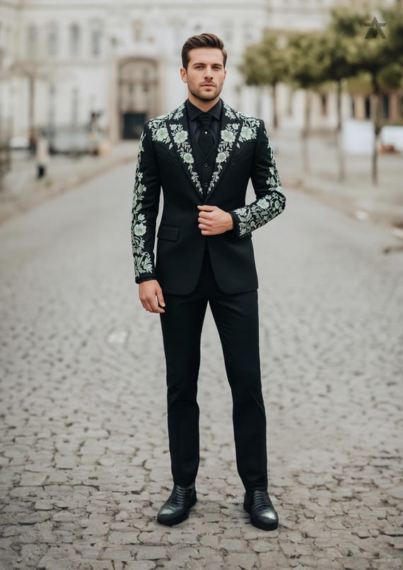 Men's Black Green Embroidered Wedding Suit Set - Custom Floral Blazer & Pants for Formal Events Men's Black Green Embroidered Wedding Suit Set - Custom Floral Blazer & Pants for Formal Events