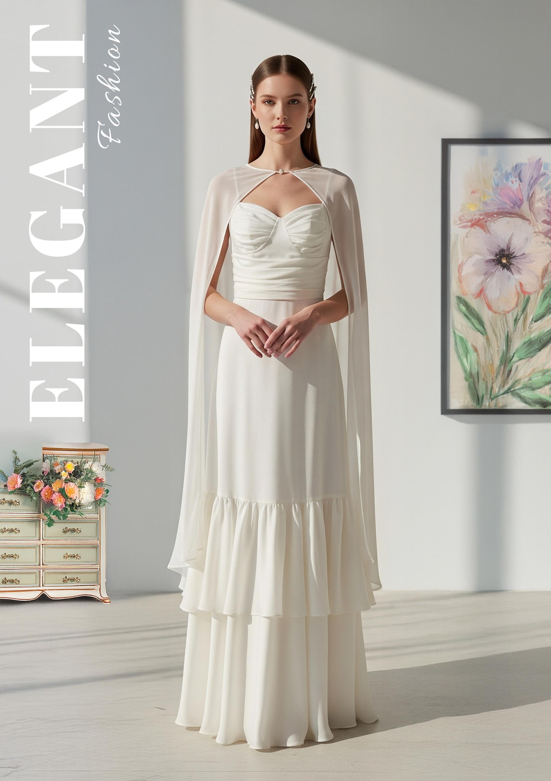 Chiffon Wedding Dress with Cape: Elegant A-Line Bridal Gown