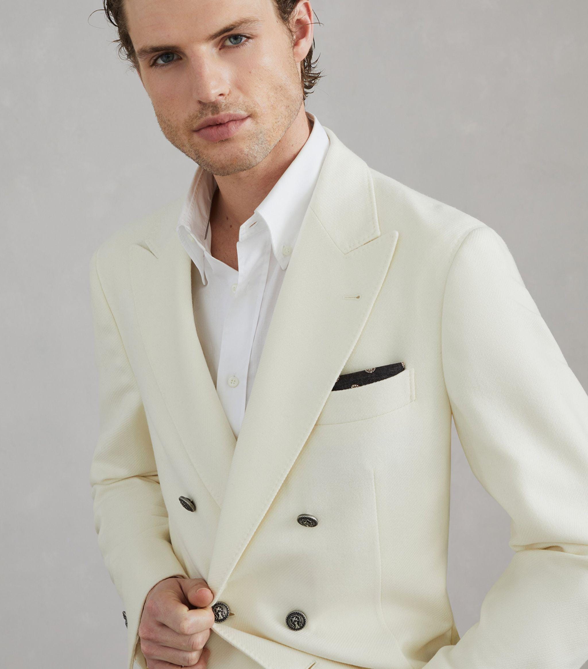 メンズ オフホワイト ダブルブレスト ブレザースーツ：ウェディング