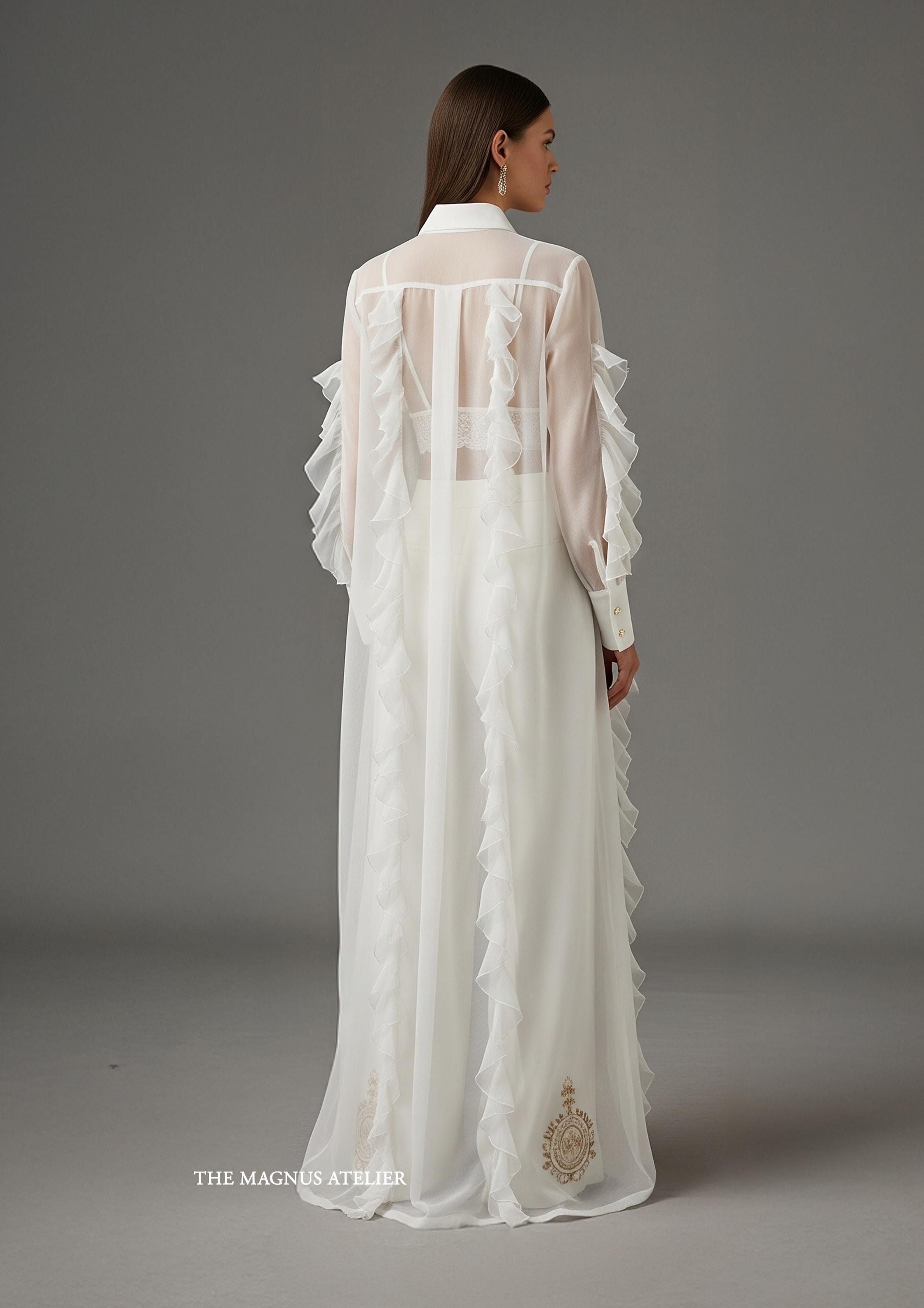 White Ruffle Jacket White Chiffon Ruffle Jacket Set: Gold Embroidered Bridal Pant Suit - Etsy
