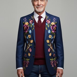 Embroidered Floral Bird Blazer: Navy Suit Jacket, Colorful Garden Design image 4